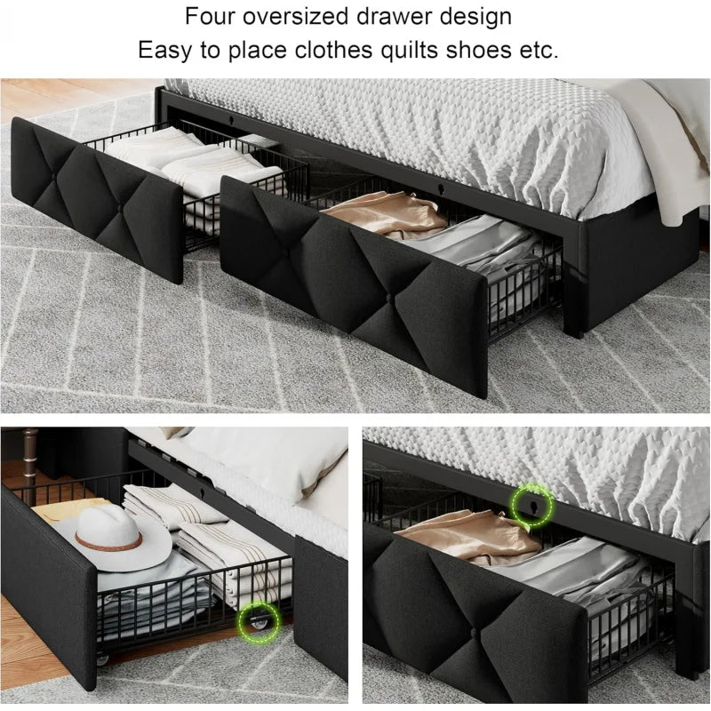 Full Size Bed Frame with 4 Storage Drawers, Upholstered Platform Bed Charging Station, Wingback Storage Headboard