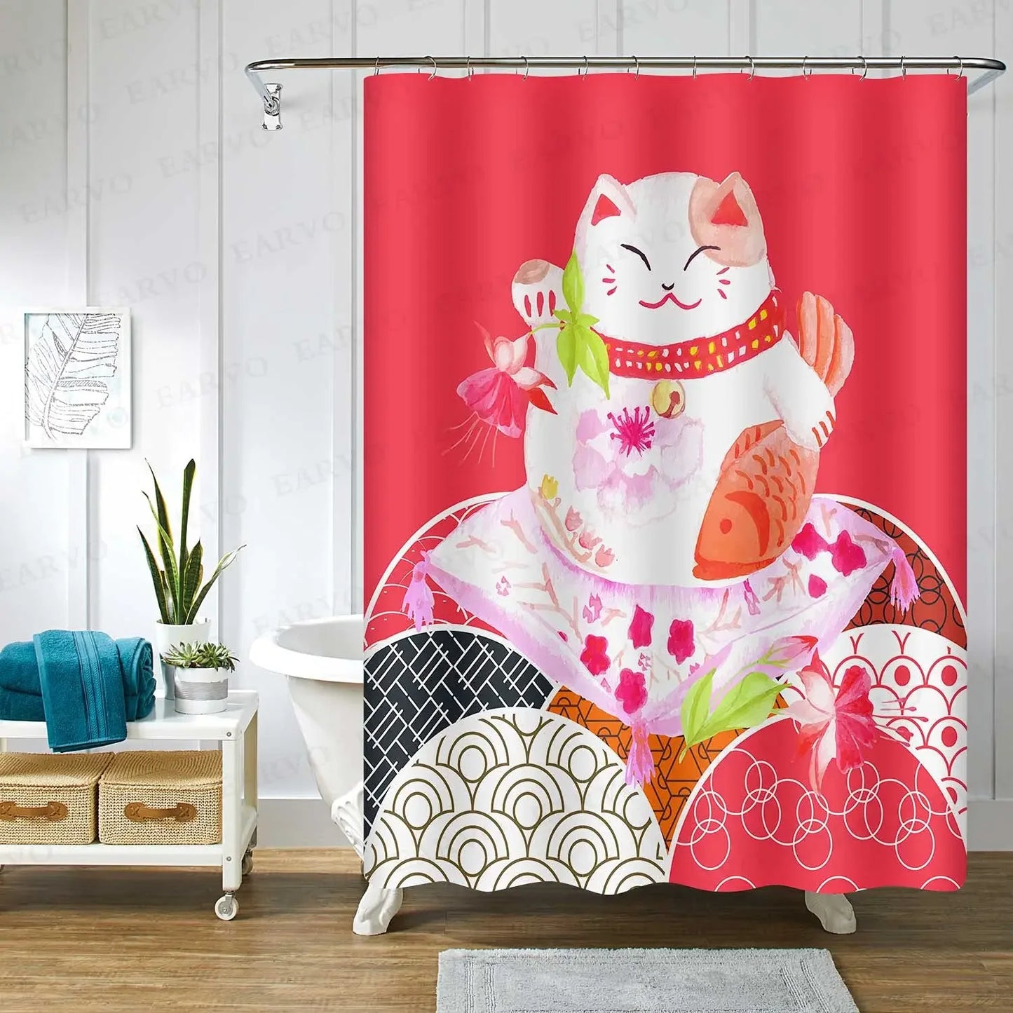 Zen Cat and Dragonfly Bath Curtain