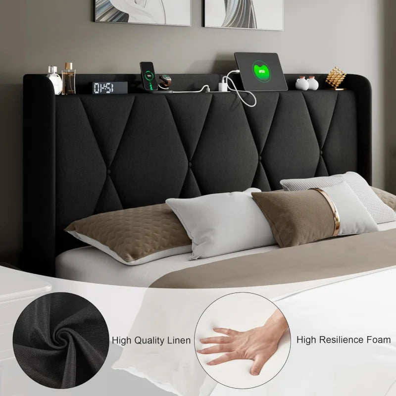 Full Size Bed Frame with 4 Storage Drawers, Upholstered Platform Bed Charging Station, Wingback Storage Headboard