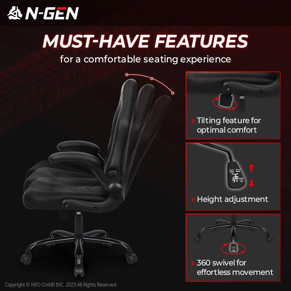 Video Gaming Chair Ergonomic Computer Desk Office Chair with Lumbar Support Adjustable Height Swivel Wheels Flip-Up