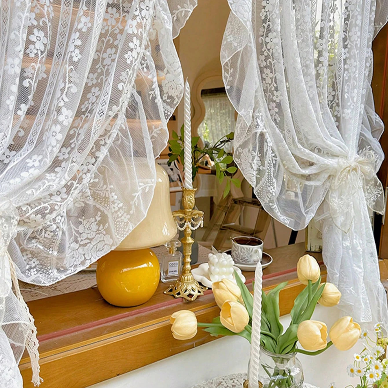 2PC White Embroidered Lace Curtain, French Romantic Ruffled Voile Rod Pocket, Light Filtering Floral Sheer Curtains for Bedroom