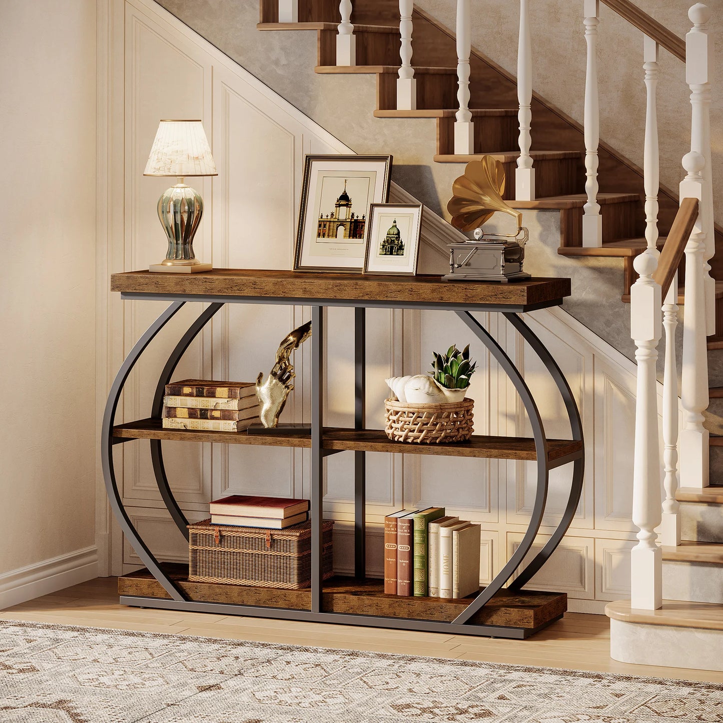 Tribesigns 41.3" Console Table, Industrial 3-Tier Entryway Table with Arched Metal Frame and Storage Shelves for Living Room
