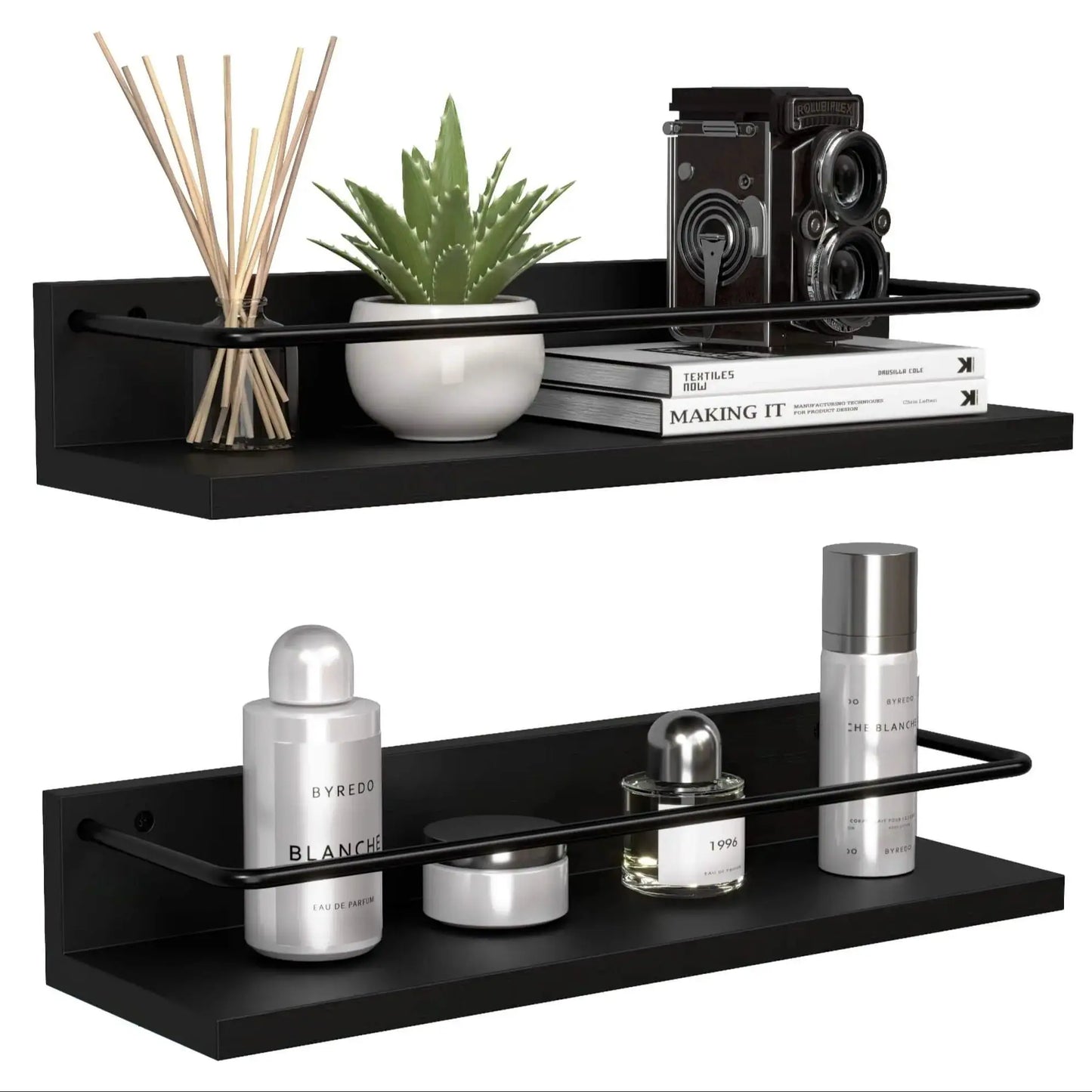 Floating Shelves with Metal Guardrail