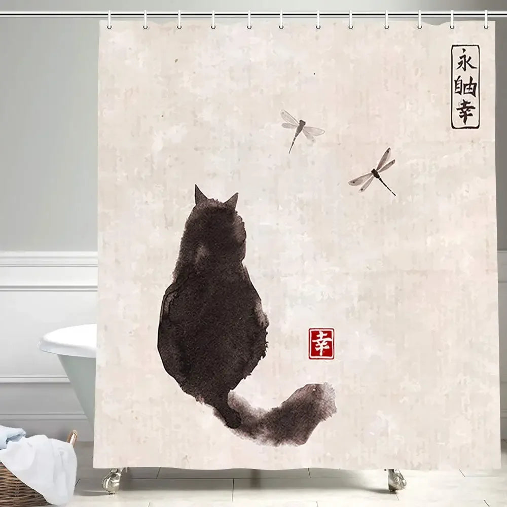 Zen Cat and Dragonfly Bath Curtain