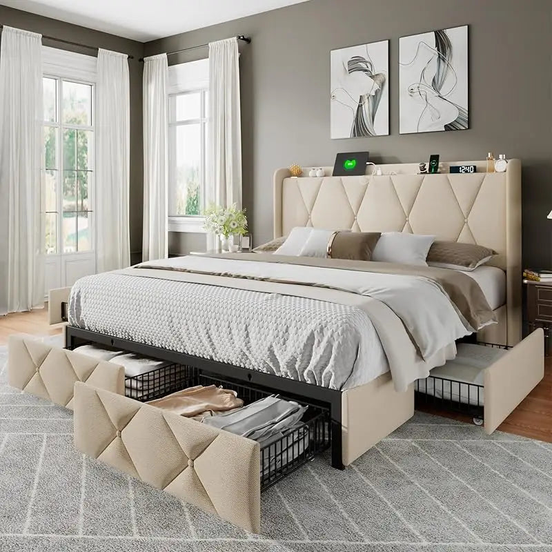 Full Size Bed Frame with 4 Storage Drawers, Upholstered Platform Bed Charging Station, Wingback Storage Headboard