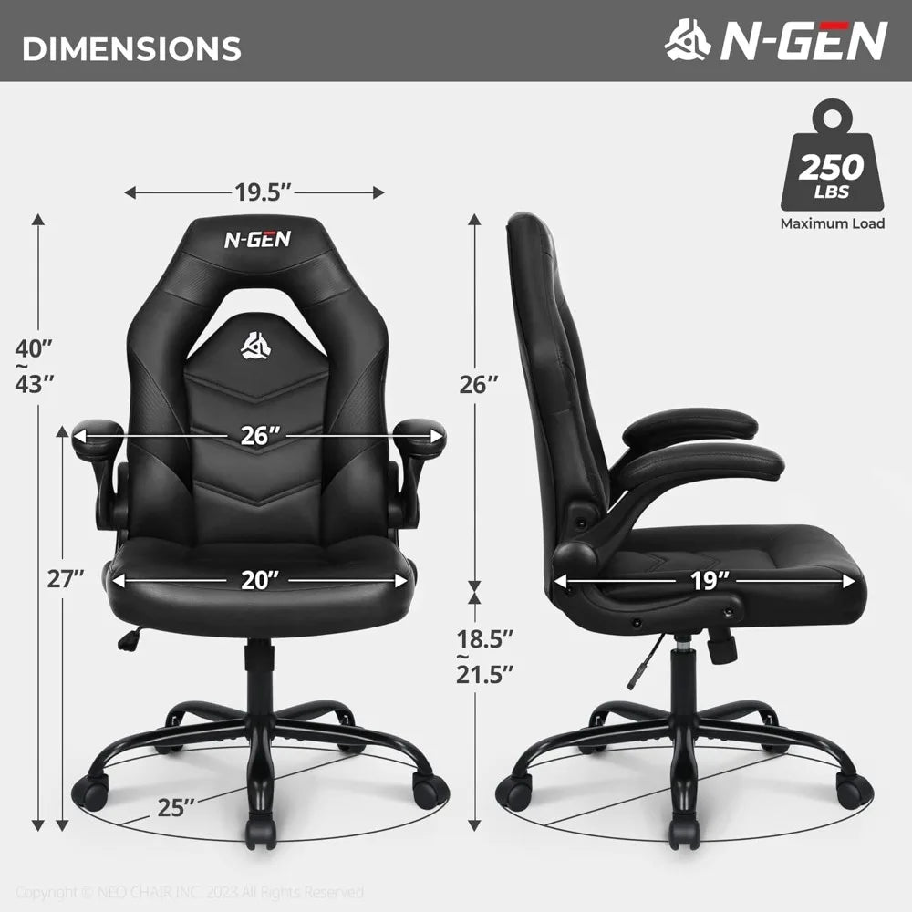 Video Gaming Chair Ergonomic Computer Desk Office Chair with Lumbar Support Adjustable Height Swivel Wheels Flip-Up