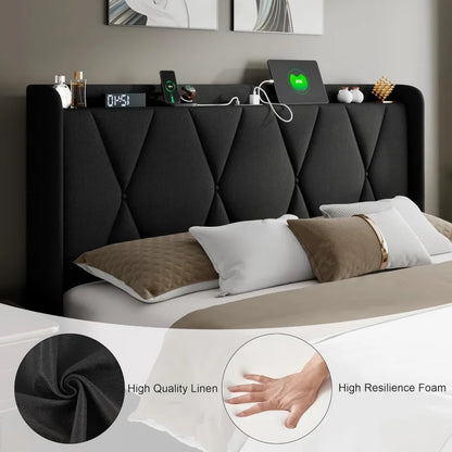 Full Size Bed Frame with 4 Storage Drawers, Upholstered Platform Bed Charging Station, Wingback Storage Headboard