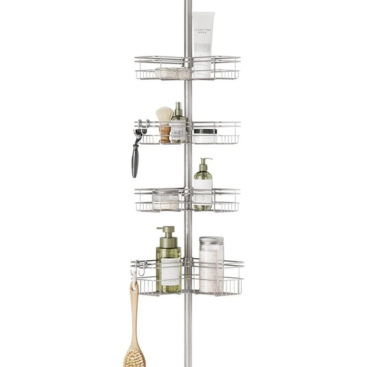 Adjustable Tension Pole Shower Caddy Corner Organizer with 4 L-Shaped Baskets Hooks Rust Resistant Easy Assembly No Drill