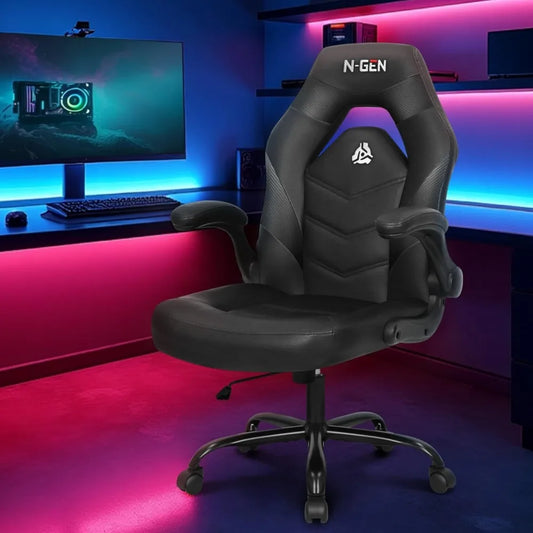 Video Gaming Chair Ergonomic Computer Desk Office Chair with Lumbar Support Adjustable Height Swivel Wheels Flip-Up