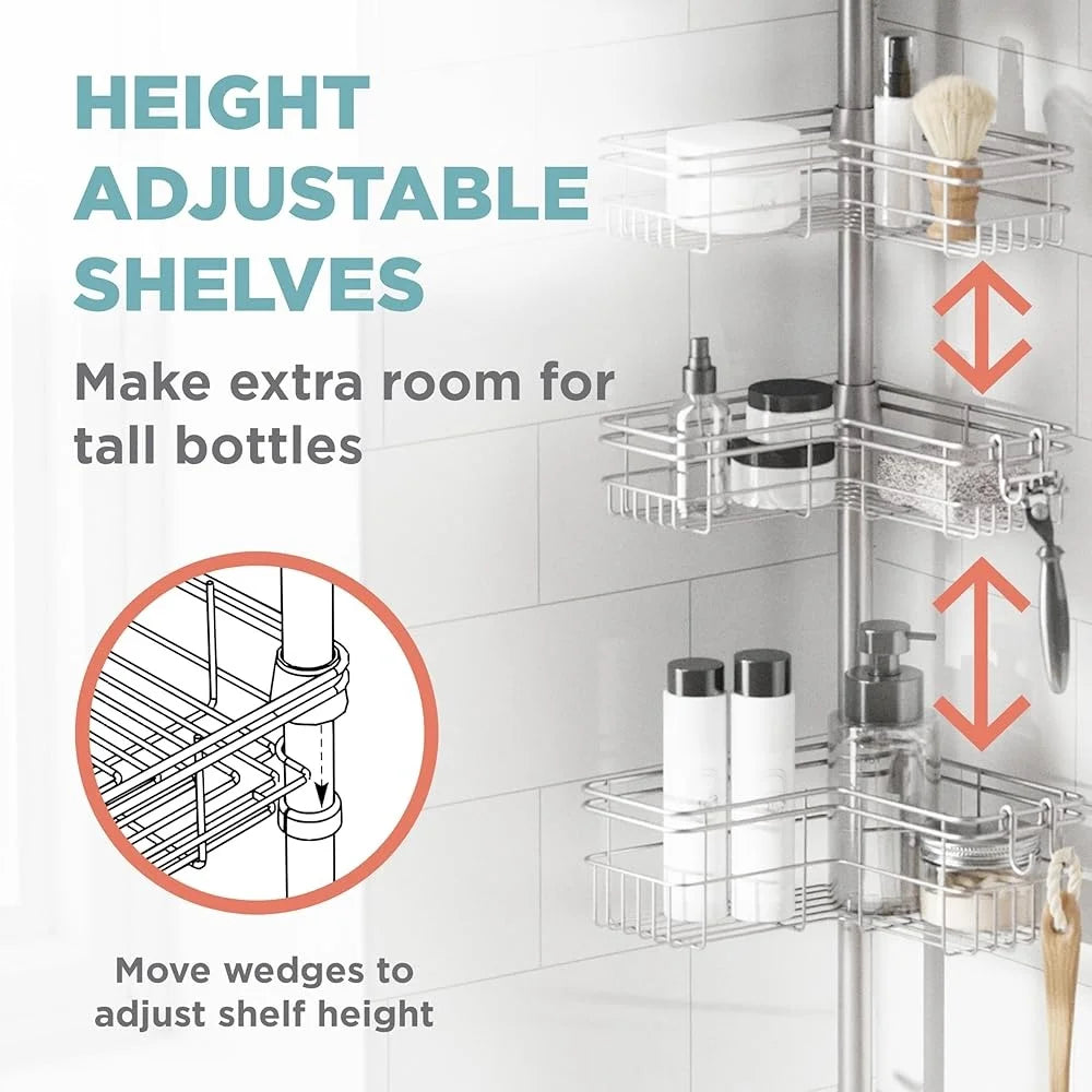 Adjustable Tension Pole Shower Caddy Corner Organizer with 4 L-Shaped Baskets Hooks Rust Resistant Easy Assembly No Drill