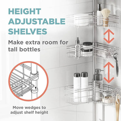 Adjustable Tension Pole Shower Caddy Corner Organizer with 4 L-Shaped Baskets Hooks Rust Resistant Easy Assembly No Drill