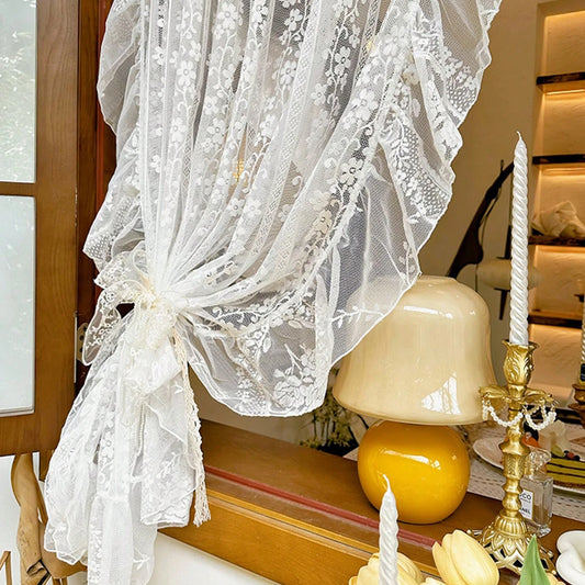2PC White Embroidered  Lace Curtain, French Romantic Ruffled Voile Rod Pocket, Light Filtering Floral Sheer Curtains for Bedroom