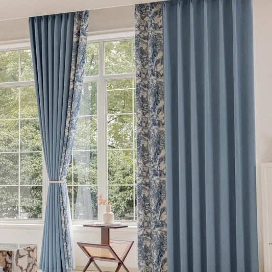 Blue Toile Pinch Pleat Cotton Curtain