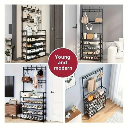 Entryway Coat Rack, Shoe Rack for Entryway, Coat Rack Freestanding with 4-Tier Storage Shelves and 8 Double Hooks, for Living Ro