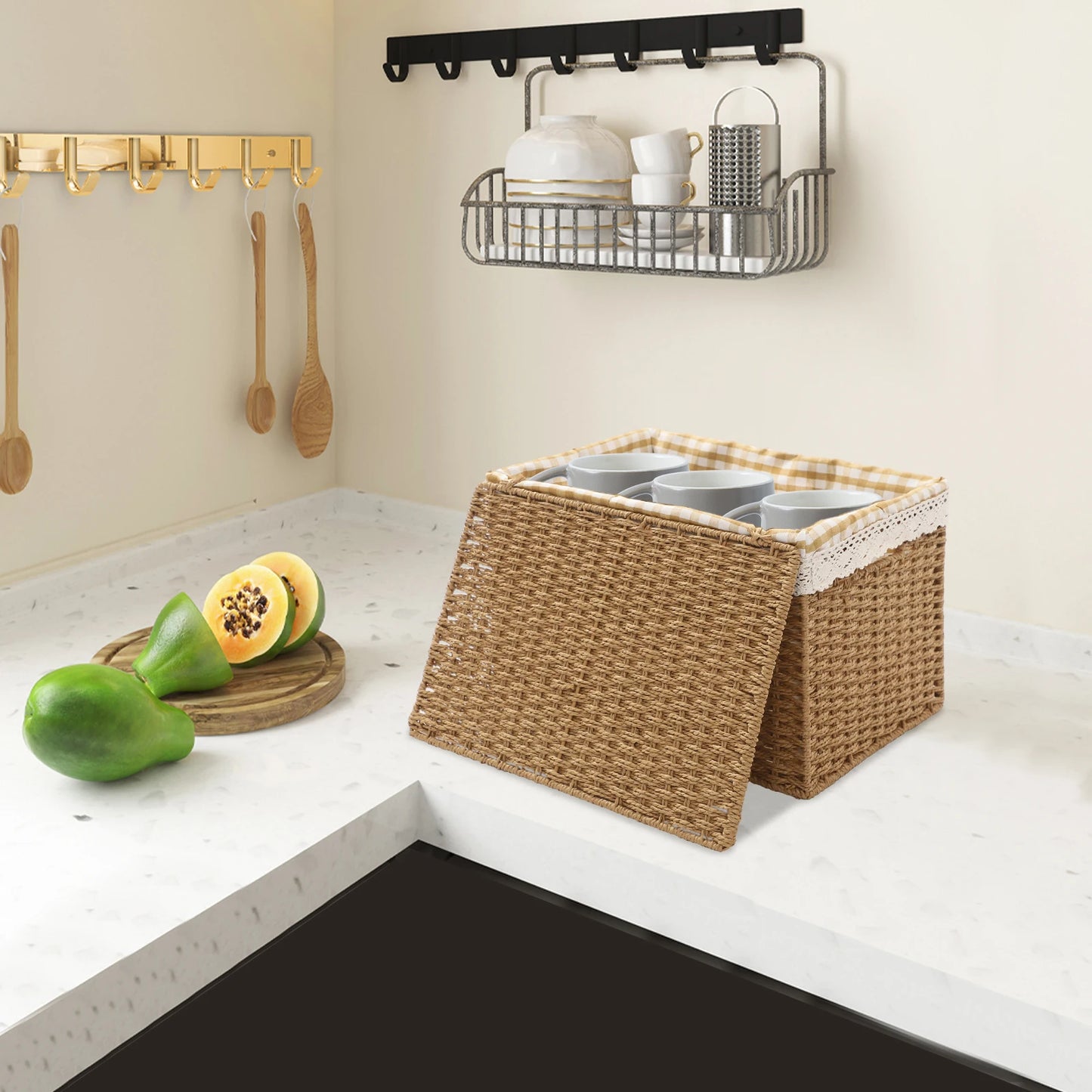 4 PCS Woven Storage Baskets Retro Country Style with Lid Sundries Organizer with Handle & Liner Desktop Decor Picnic Basket