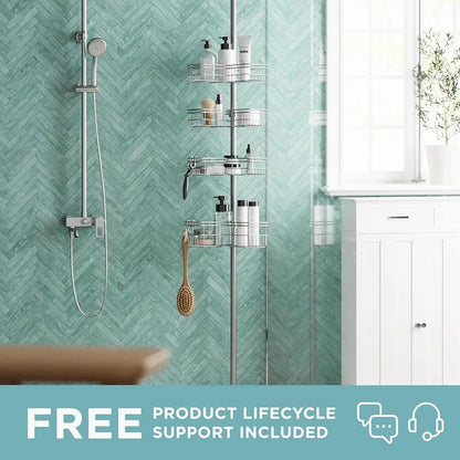 Adjustable Tension Pole Shower Caddy Corner Organizer with 4 L-Shaped Baskets Hooks Rust Resistant Easy Assembly No Drill