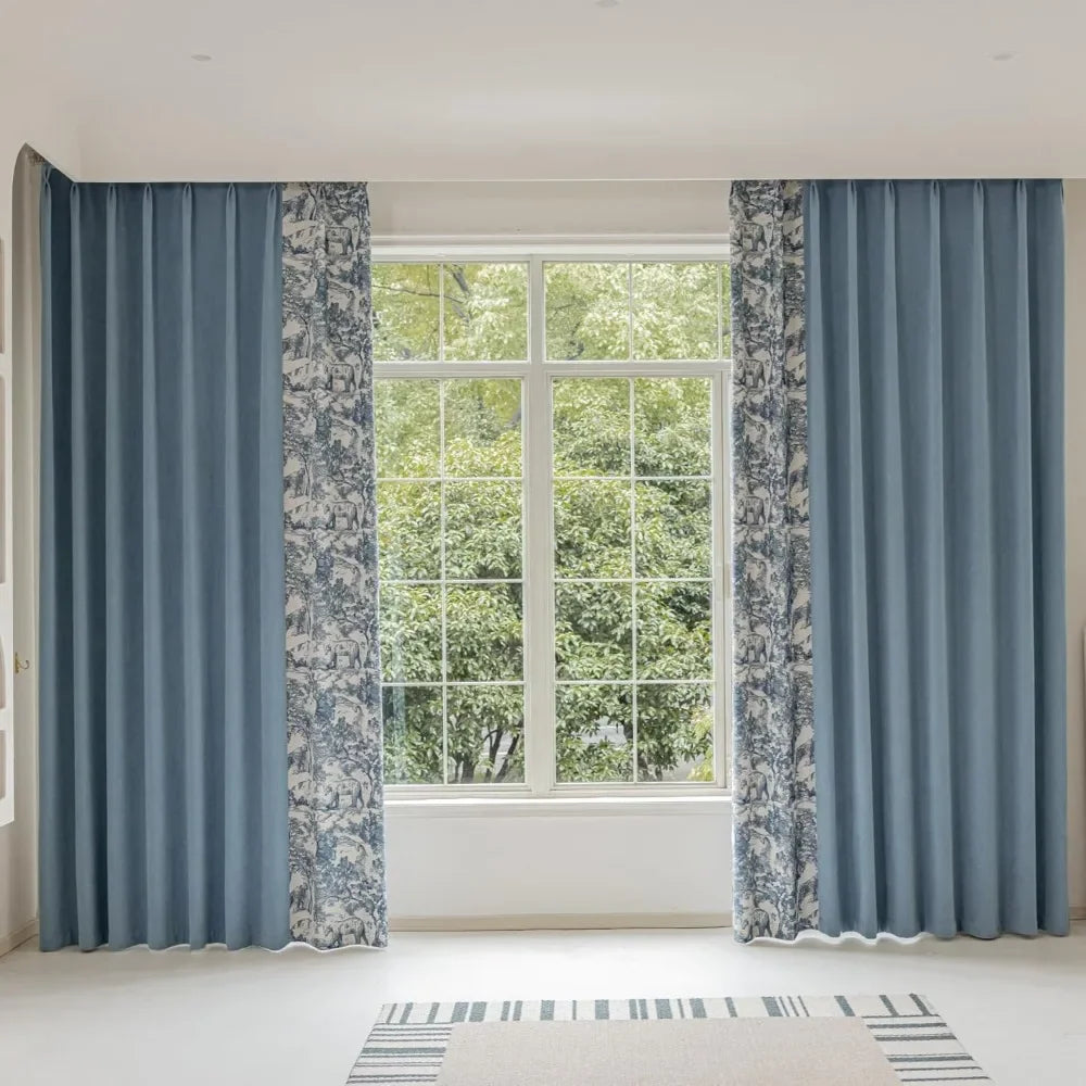 Blue Toile Pinch Pleat Cotton Curtain