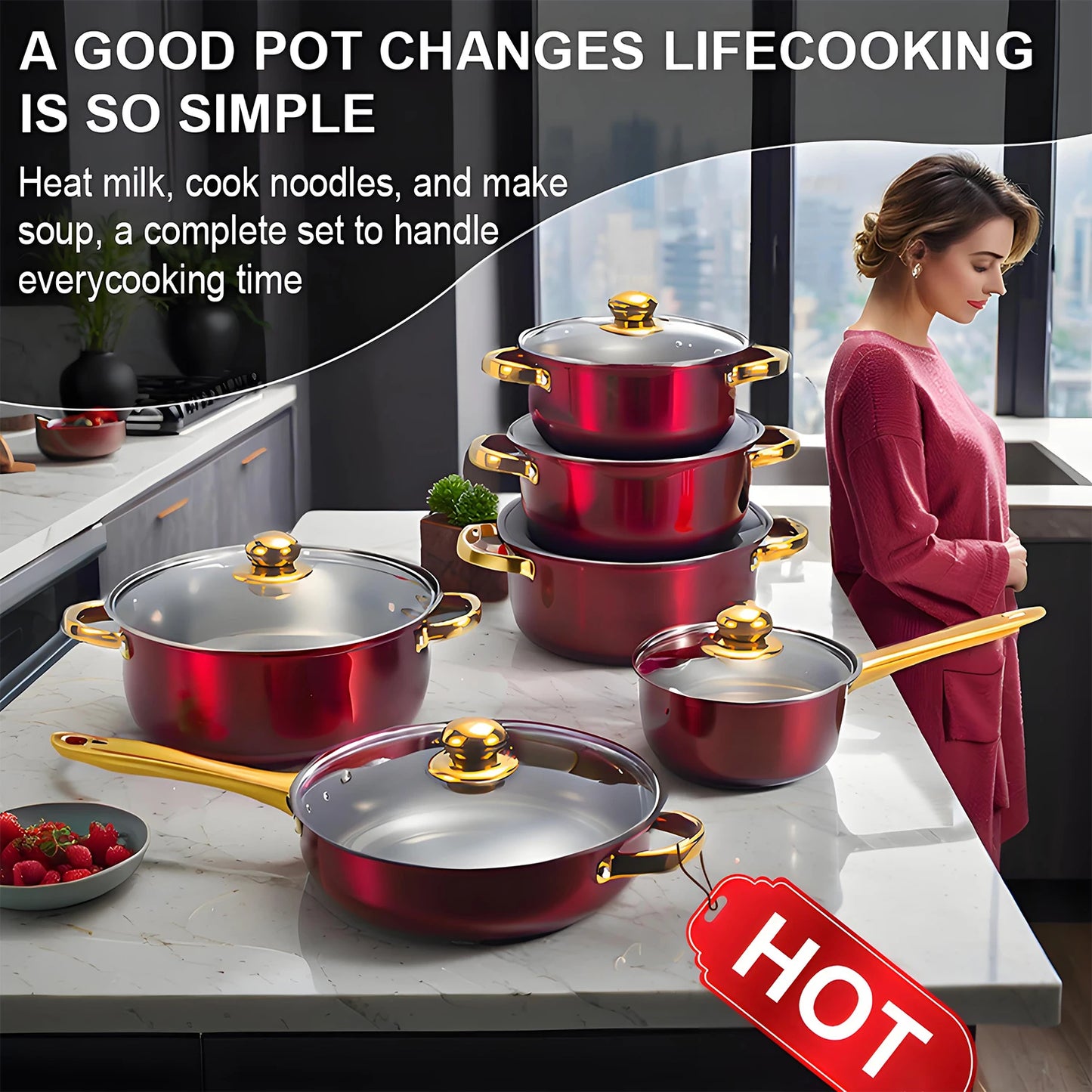 Red Cookware Set, 12-Piece