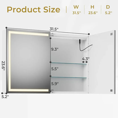 Lighted Medicine Cabinet with Mirror, Wall Mounted Bathroom Mirror with Storage, 2 Doors Bathroom Wall Cabinet with LED Lights