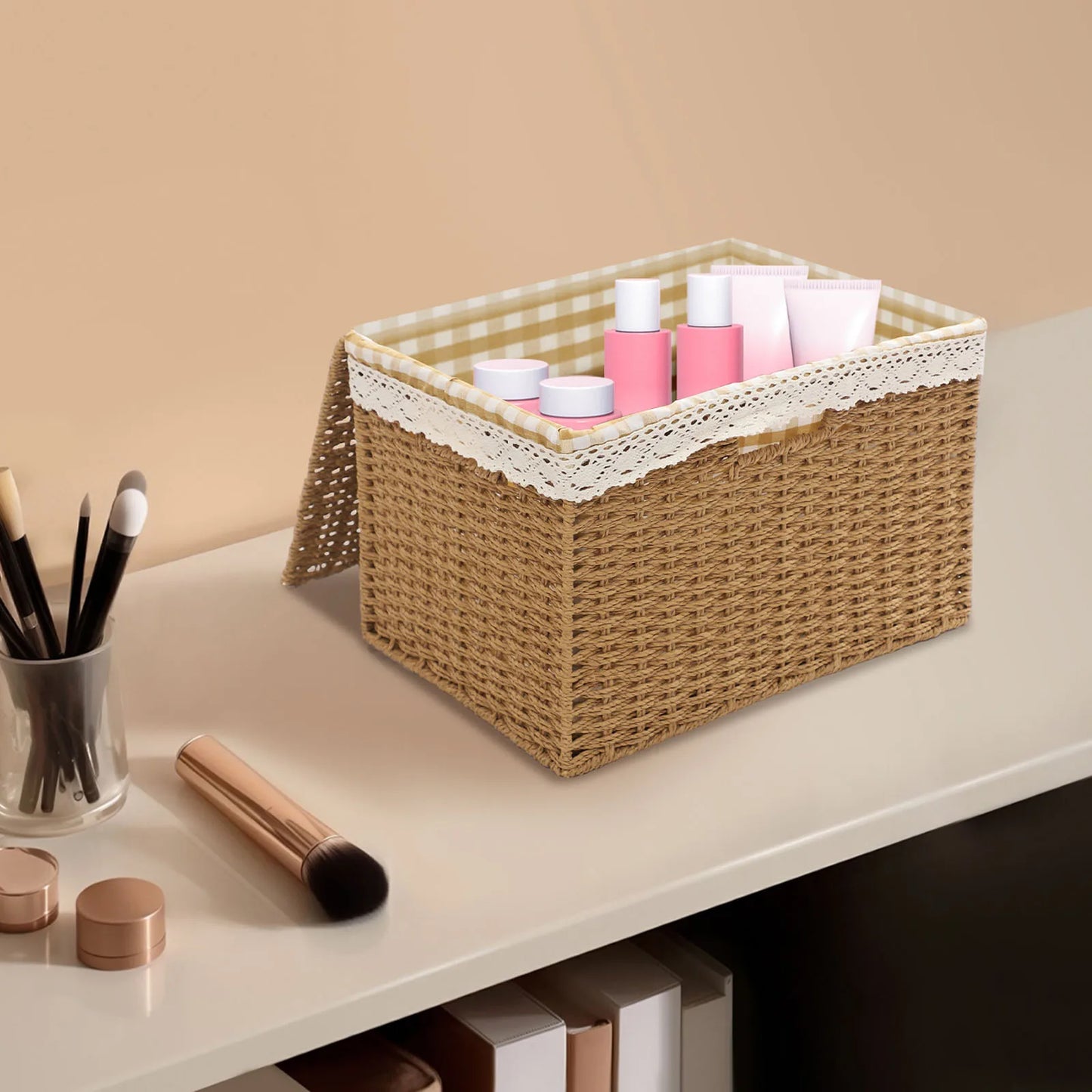 4 PCS Woven Storage Baskets Retro Country Style with Lid Sundries Organizer with Handle & Liner Desktop Decor Picnic Basket
