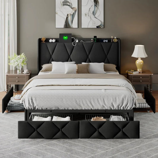 Full Size Bed Frame with 4 Storage Drawers, Upholstered Platform Bed Charging Station, Wingback Storage Headboard