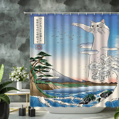 Zen Cat and Dragonfly Bath Curtain