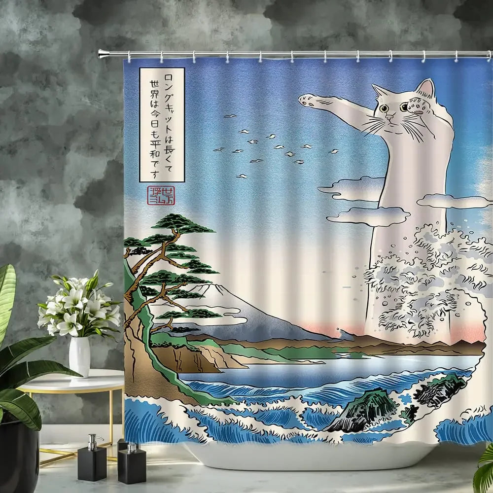 Zen Cat and Dragonfly Bath Curtain