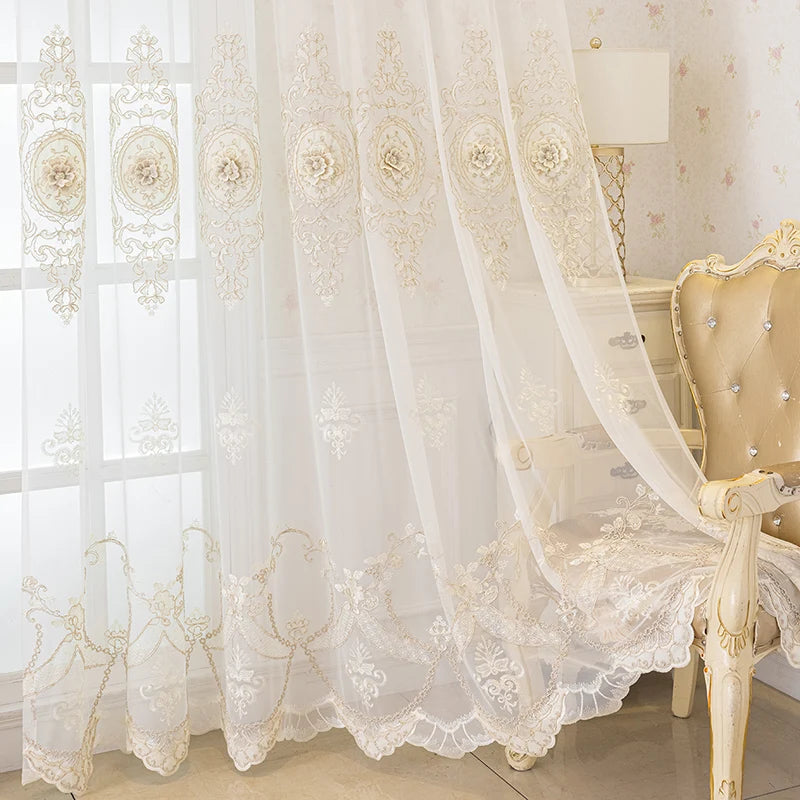 Luxury European Style 3D Embossed Sheer Curtains for Living Room Bedroom Light Filtering Breathable Embroidered Drapes Custom