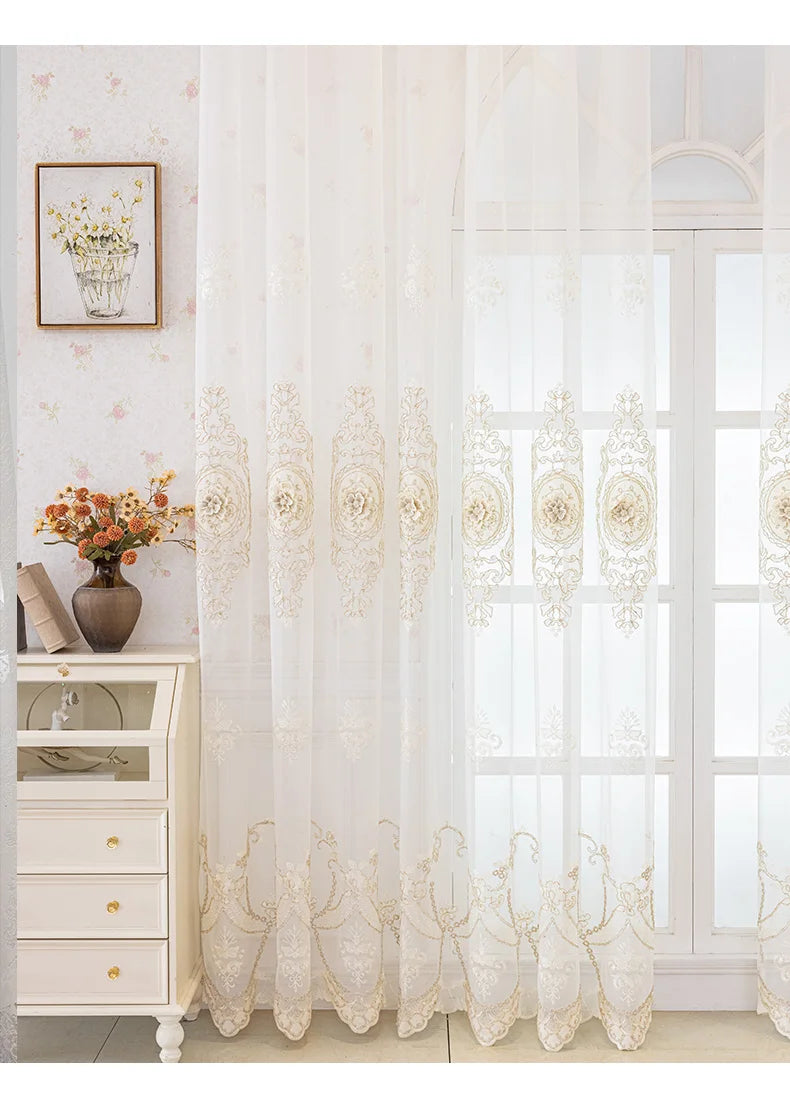 Luxury European Style 3D Embossed Sheer Curtains for Living Room Bedroom Light Filtering Breathable Embroidered Drapes Custom