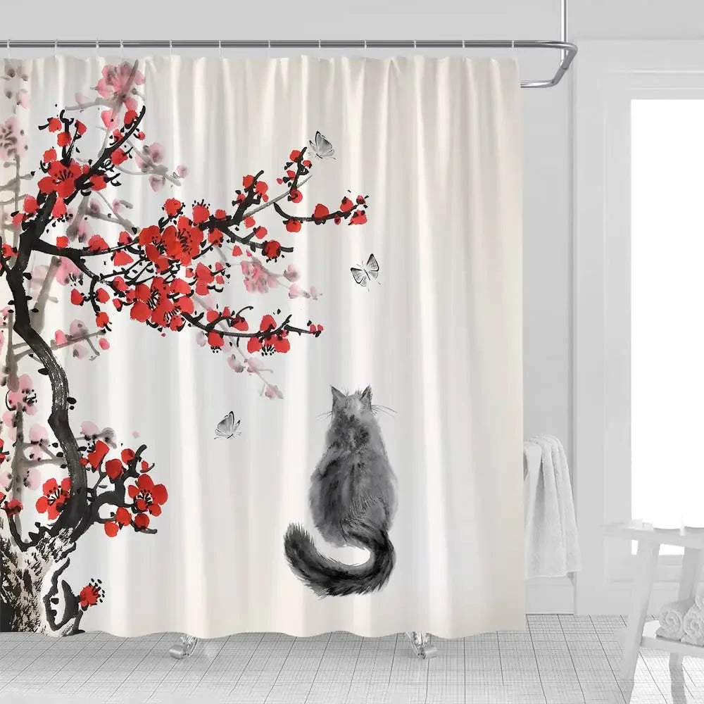 Zen Cat and Dragonfly Bath Curtain