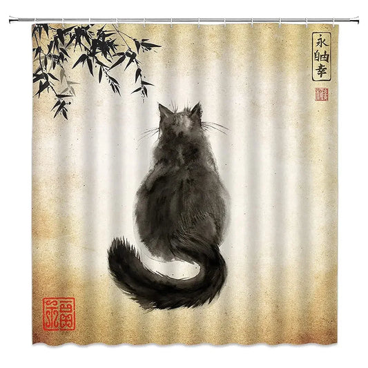 Zen Cat and Dragonfly Bath Curtain