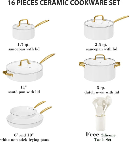 Pots and Pans Set Non Stick - Ceramic Cookware Set with Cooking Utensils Set, Non Toxic Kitchen Cookware Sets Dutch-white