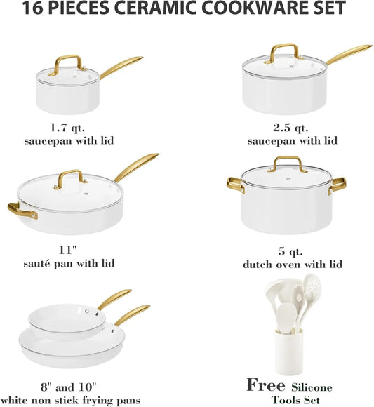 Pots and Pans Set Non Stick - Ceramic Cookware Set with Cooking Utensils Set, Non Toxic Kitchen Cookware Sets Dutch-white