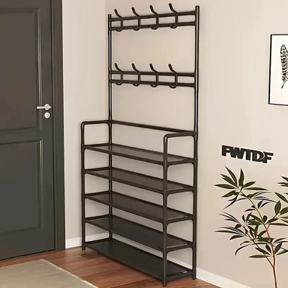 Entryway Coat Rack, Shoe Rack for Entryway, Coat Rack Freestanding with 4-Tier Storage Shelves and 8 Double Hooks, for Living Ro