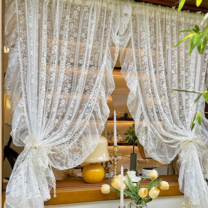 2PC White Embroidered  Lace Curtain, French Romantic Ruffled Voile Rod Pocket, Light Filtering Floral Sheer Curtains for Bedroom