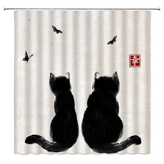 Zen Cat and Dragonfly Bath Curtain