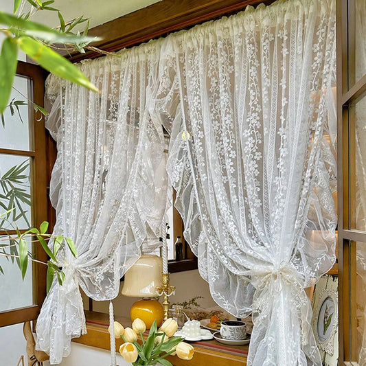 2PC White Embroidered  Lace Curtain, French Romantic Ruffled Voile Rod Pocket, Light Filtering Floral Sheer Curtains for Bedroom