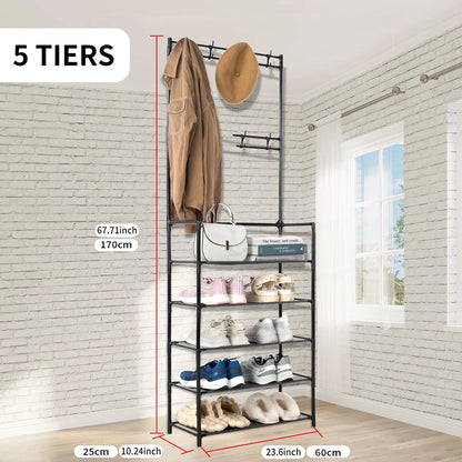 Entryway Coat Rack, Shoe Rack for Entryway, Coat Rack Freestanding with 4-Tier Storage Shelves and 8 Double Hooks, for Living Ro
