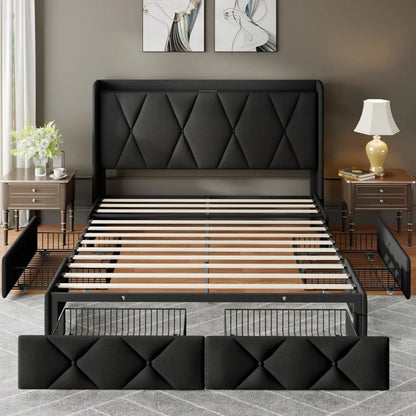 Full Size Bed Frame with 4 Storage Drawers, Upholstered Platform Bed Charging Station, Wingback Storage Headboard