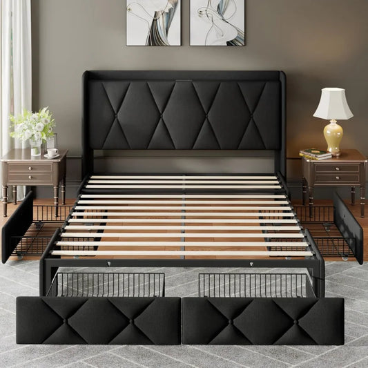 Full Size Bed Frame with 4 Storage Drawers, Upholstered Platform Bed Charging Station, Wingback Storage Headboard