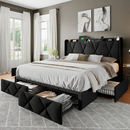Full Size Bed Frame with 4 Storage Drawers, Upholstered Platform Bed Charging Station, Wingback Storage Headboard