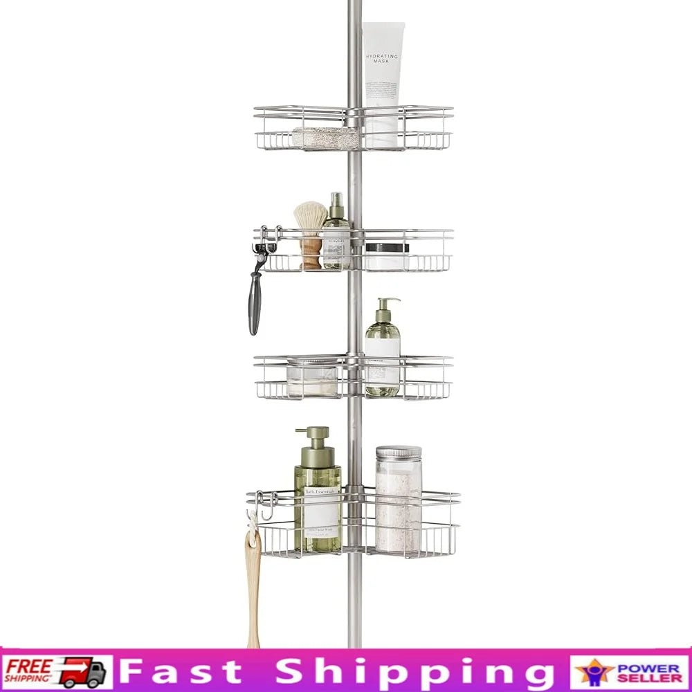 Adjustable Tension Pole Shower Caddy Corner Organizer with 4 L-Shaped Baskets Hooks Rust Resistant Easy Assembly No Drill