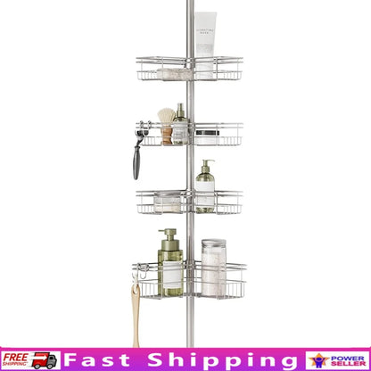 Adjustable Tension Pole Shower Caddy Corner Organizer with 4 L-Shaped Baskets Hooks Rust Resistant Easy Assembly No Drill