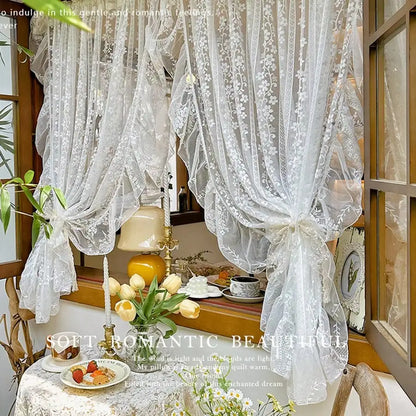 2PC White Embroidered  Lace Curtain, French Romantic Ruffled Voile Rod Pocket, Light Filtering Floral Sheer Curtains for Bedroom