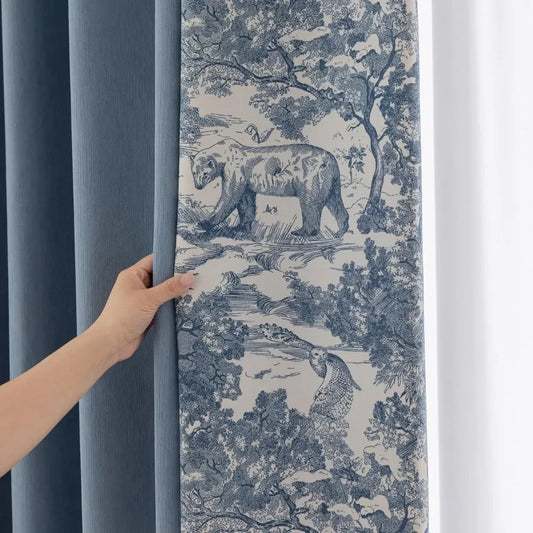 Blue Toile Pinch Pleat Cotton Curtain