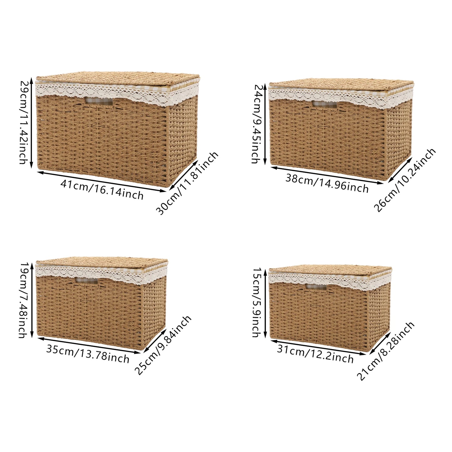 4 PCS Woven Storage Baskets Retro Country Style with Lid Sundries Organizer with Handle & Liner Desktop Decor Picnic Basket