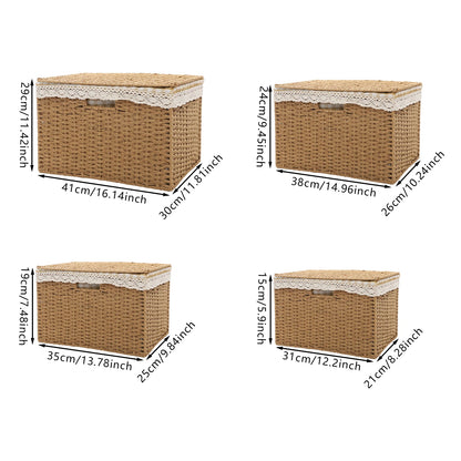 4 PCS Woven Storage Baskets Retro Country Style with Lid Sundries Organizer with Handle & Liner Desktop Decor Picnic Basket