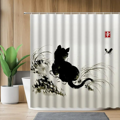 Zen Cat and Dragonfly Bath Curtain