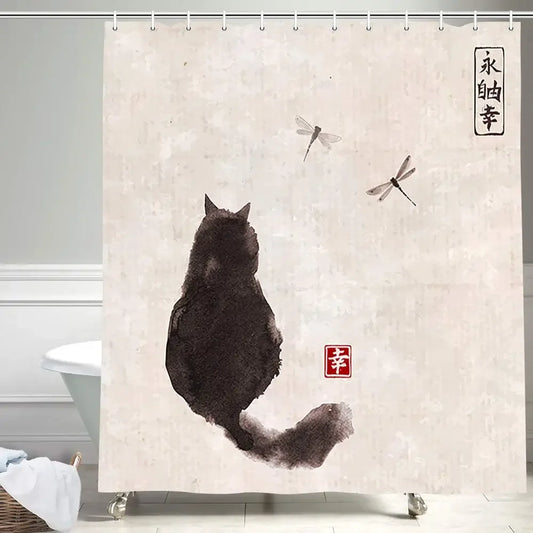 Zen Cat and Dragonfly Bath Curtain
