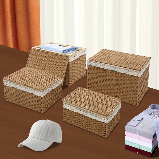 4 PCS Woven Storage Baskets Retro Country Style with Lid Sundries Organizer with Handle & Liner Desktop Decor Picnic Basket